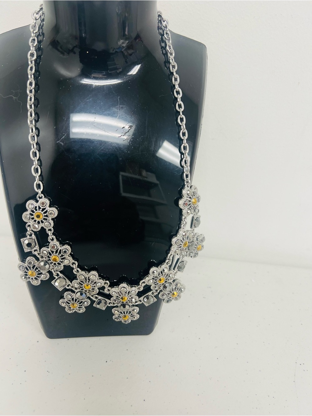 Silver Floral Statement Necklace with Yellow Accents #0020